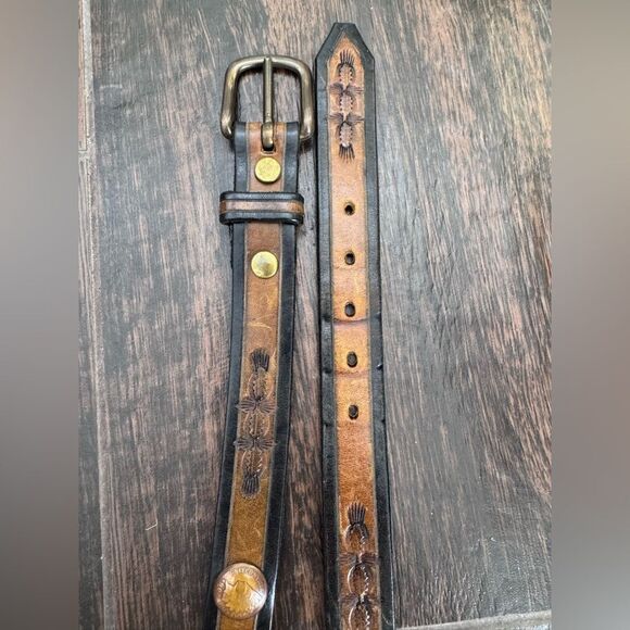 Southwick Leathers Vintage Indian Head Penny Coin Hand Tooled Leather Belt Sz 26